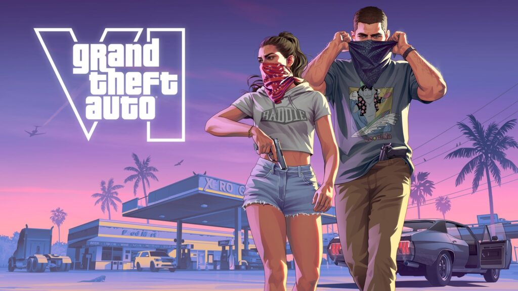 Jason e Lucia com bandanas no rosto diante de um posto de gasolina, em arte oficial de Grand Theft Auto VI